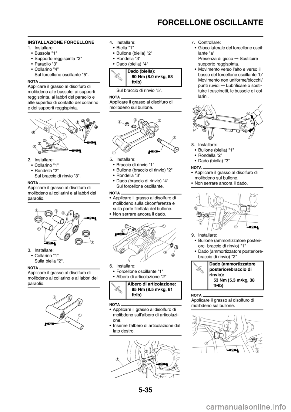 YAMAHA YZ250F 2012 Manuale duso (in Italian) 5-35
FORCELLONE OSCILLANTE
INSTALLAZIONE FORCELLONE
1. Installare:
• Bussola "1"
• Supporto reggispinta "2"
• Paraolio "3"
•Collarino "4"
Sul forcellone oscillante "5".
Applicare il grasso al YAMAHA YZ250F 2012 Manuale duso (in Italian) 5-35
FORCELLONE OSCILLANTE
INSTALLAZIONE FORCELLONE
1. Installare:
• Bussola "1"
• Supporto reggispinta "2"
• Paraolio "3"
•Collarino "4"
Sul forcellone oscillante "5".
Applicare il grasso al