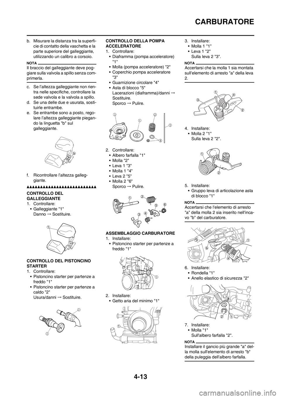 YAMAHA YZ250F 2012 Manuale duso (in Italian) 4-13
CARBURATORE
b. Misurare la distanza tra la superfi-
cie di contatto della vaschetta e la
parte superiore del galleggiante,
utilizzando un calibro a corsoio.
Il braccio del galleggiante deve pog YAMAHA YZ250F 2012 Manuale duso (in Italian) 4-13
CARBURATORE
b. Misurare la distanza tra la superfi-
cie di contatto della vaschetta e la
parte superiore del galleggiante,
utilizzando un calibro a corsoio.
Il braccio del galleggiante deve pog