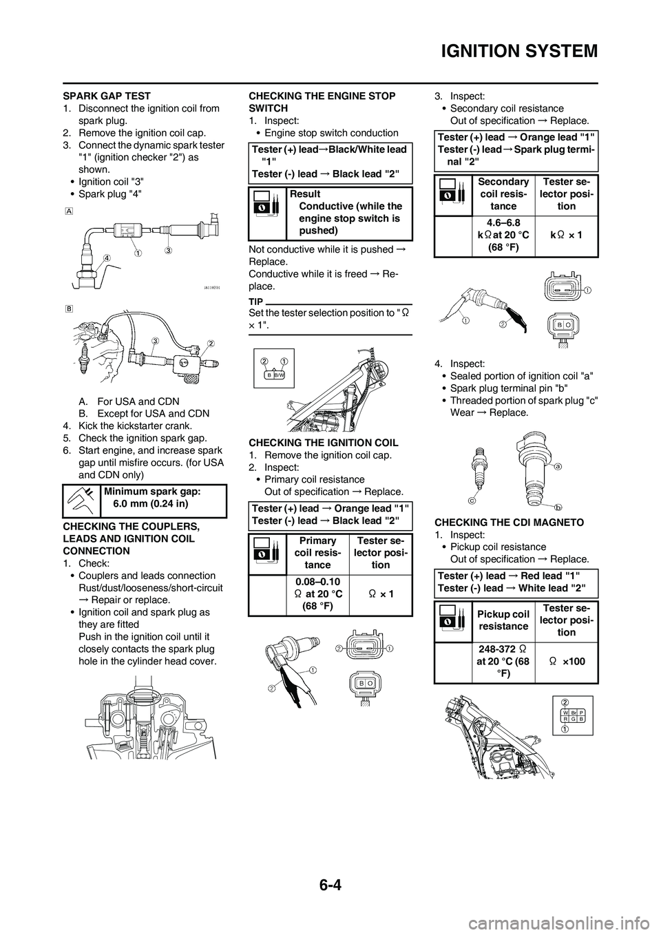 YAMAHA YZ250F 2011 Owners Manual 6-4
IGNITION SYSTEM
SPARK GAP TEST
1. Disconnect the ignition coil from
spark plug.
2. Remove the ignition coil cap.
3. Connect the dynamic spark tester
"1" (ignition checker "2") as
shown.
• Ign YAMAHA YZ250F 2011 Owners Manual 6-4
IGNITION SYSTEM
SPARK GAP TEST
1. Disconnect the ignition coil from
spark plug.
2. Remove the ignition coil cap.
3. Connect the dynamic spark tester
"1" (ignition checker "2") as
shown.
• Ign