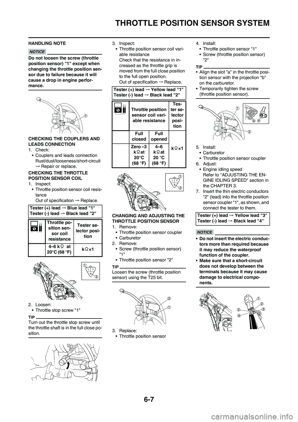 YAMAHA YZ250F 2011 Owners Manual 6-7
THROTTLE POSITION SENSOR SYSTEM
HANDLING NOTE
Do not loosen the screw (throttle
position sensor) "1" except when
changing the throttle position sen-
sor due to failure because it will
cause a d YAMAHA YZ250F 2011 Owners Manual 6-7
THROTTLE POSITION SENSOR SYSTEM
HANDLING NOTE
Do not loosen the screw (throttle
position sensor) "1" except when
changing the throttle position sen-
sor due to failure because it will
cause a d