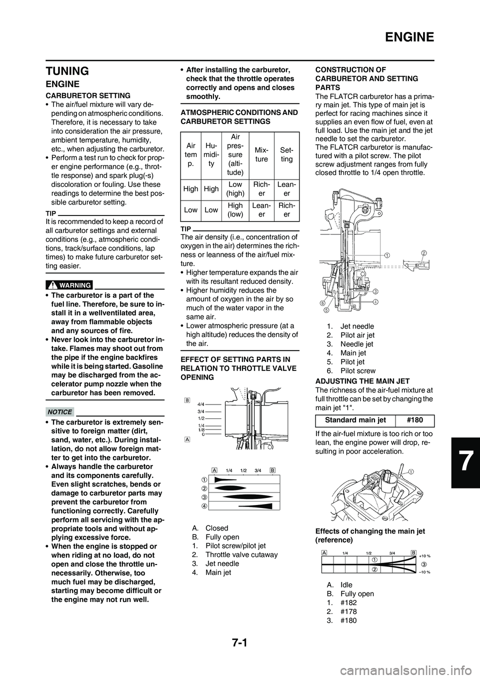 YAMAHA YZ250F 2011 Owners Manual 7-1
ENGINE
TUNING
ENGINE
CARBURETOR SETTING
• The air/fuel mixture will vary de-
pending on atmospheric conditions.
Therefore, it is necessary to take
into consideration the air pressure,
ambient YAMAHA YZ250F 2011 Owners Manual 7-1
ENGINE
TUNING
ENGINE
CARBURETOR SETTING
• The air/fuel mixture will vary de-
pending on atmospheric conditions.
Therefore, it is necessary to take
into consideration the air pressure,
ambient