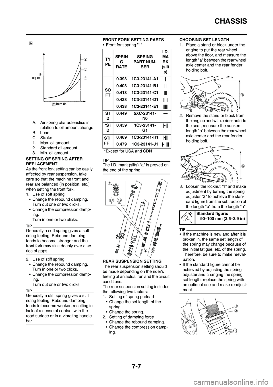 YAMAHA YZ250F 2011 Owners Manual 7-7
CHASSIS
A. Air spring characteristics in
relation to oil amount change
B. Load
C. Stroke
1. Max. oil amount
2. Standard oil amount
3. Min. oil amount
SETTING OF SPRING AFTER
REPLACEMENT
As the f YAMAHA YZ250F 2011 Owners Manual 7-7
CHASSIS
A. Air spring characteristics in
relation to oil amount change
B. Load
C. Stroke
1. Max. oil amount
2. Standard oil amount
3. Min. oil amount
SETTING OF SPRING AFTER
REPLACEMENT
As the f