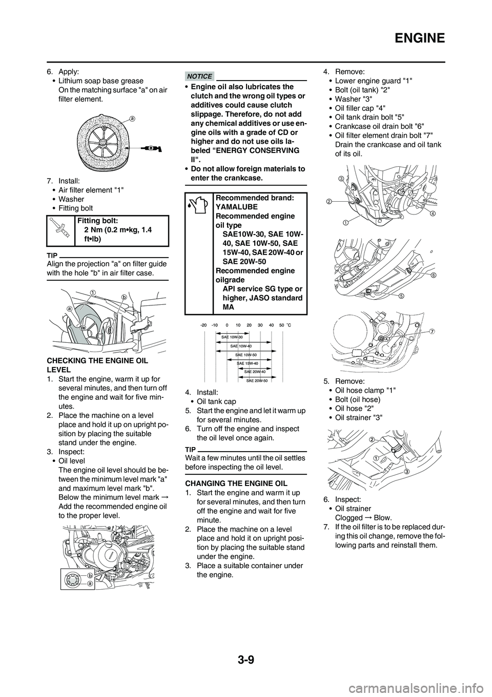 YAMAHA YZ250F 2011 Workshop Manual 3-9
ENGINE
6. Apply:
• Lithium soap base grease
On the matching surface "a" on air
filter element.
7. Install:
• Air filter element "1"
• Washer
• Fitting bolt
Align the projection "a" on fi YAMAHA YZ250F 2011 Workshop Manual 3-9
ENGINE
6. Apply:
• Lithium soap base grease
On the matching surface "a" on air
filter element.
7. Install:
• Air filter element "1"
• Washer
• Fitting bolt
Align the projection "a" on fi
