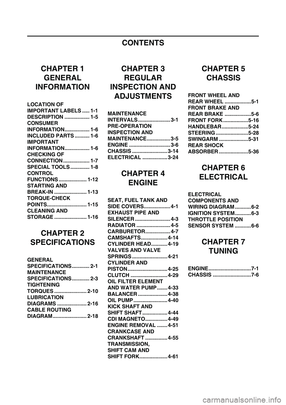 YAMAHA YZ250F 2011 Owners Manual CONTENTS
CHAPTER 1
GENERAL
INFORMATION
LOCATION OF
IMPORTANT LABELS ..... 1-1
DESCRIPTION ................. 1-5
CONSUMER
INFORMATION................. 1-6
INCLUDED PARTS .......... 1-6
IMPORTANT
IN YAMAHA YZ250F 2011 Owners Manual CONTENTS
CHAPTER 1
GENERAL
INFORMATION
LOCATION OF
IMPORTANT LABELS ..... 1-1
DESCRIPTION ................. 1-5
CONSUMER
INFORMATION................. 1-6
INCLUDED PARTS .......... 1-6
IMPORTANT
IN