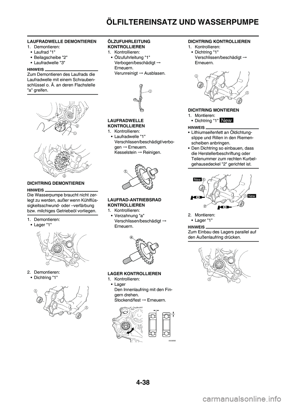 YAMAHA YZ250F 2011  Betriebsanleitungen (in German) 4-38
ÖLFILTEREINSATZ UND WASSERPUMPE
LAUFRADWELLE DEMONTIEREN
1. Demontieren:
• Laufrad "1"
• Beilagscheibe "2"
• Laufradwelle "3"
Zum Demontieren des Laufrads die 
Laufradwelle mit einem Schra