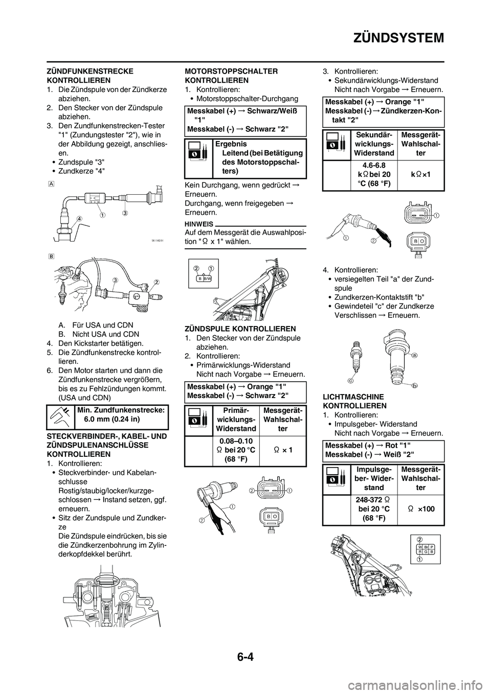 YAMAHA YZ250F 2011  Betriebsanleitungen (in German) 6-4
ZÜNDSYSTEM
ZÜNDFUNKENSTRECKE 
KONTROLLIEREN
1. Die Zündspule von der Zündkerze 
abziehen.
2. Den Stecker von der Zündspule 
abziehen.
3. Den Zundfunkenstrecken-Tester 
"1" (Zundungstester "2"