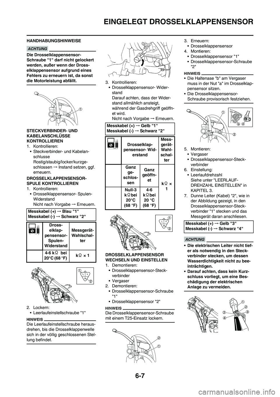 YAMAHA YZ250F 2011  Betriebsanleitungen (in German) 6-7
EINGELEGT DROSSELKLAPPENSENSOR
HANDHABUNGSHINWEISE
Die Drosselklappensensor-
Schraube "1" darf nicht gelockert 
werden, außer wenn der Dross-
elklappensensor aufgrund eines 
Fehlers zu erneuern i