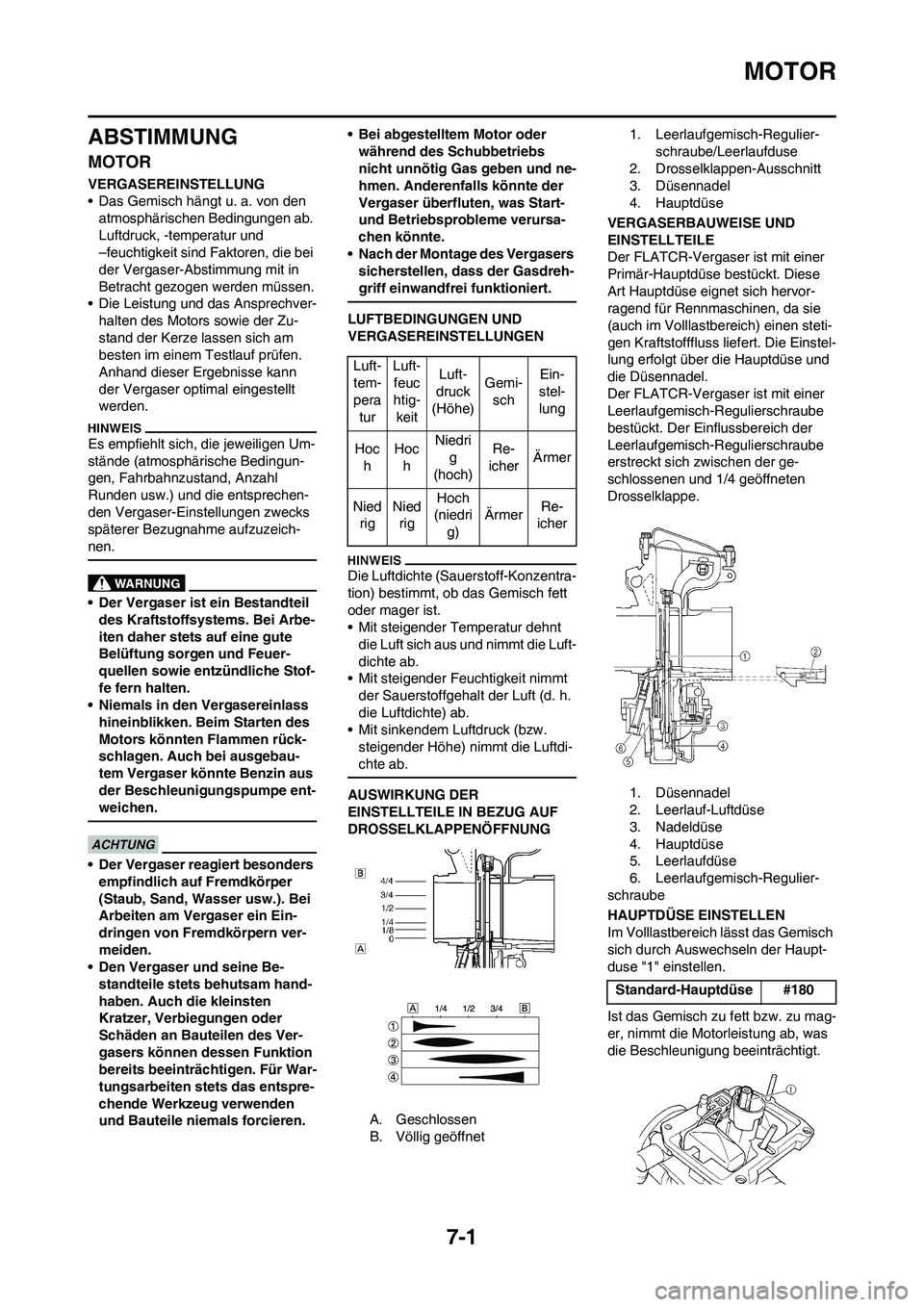 YAMAHA YZ250F 2011  Betriebsanleitungen (in German) 7-1
MOTOR
ABSTIMMUNG
MOTOR
VERGASEREINSTELLUNG
• Das Gemisch hängt u. a. von den atmosphärischen Bedingungen ab. 
Luftdruck, -temperatur und 
–feuchtigkeit sind Faktoren, die bei 
der Vergaser-A