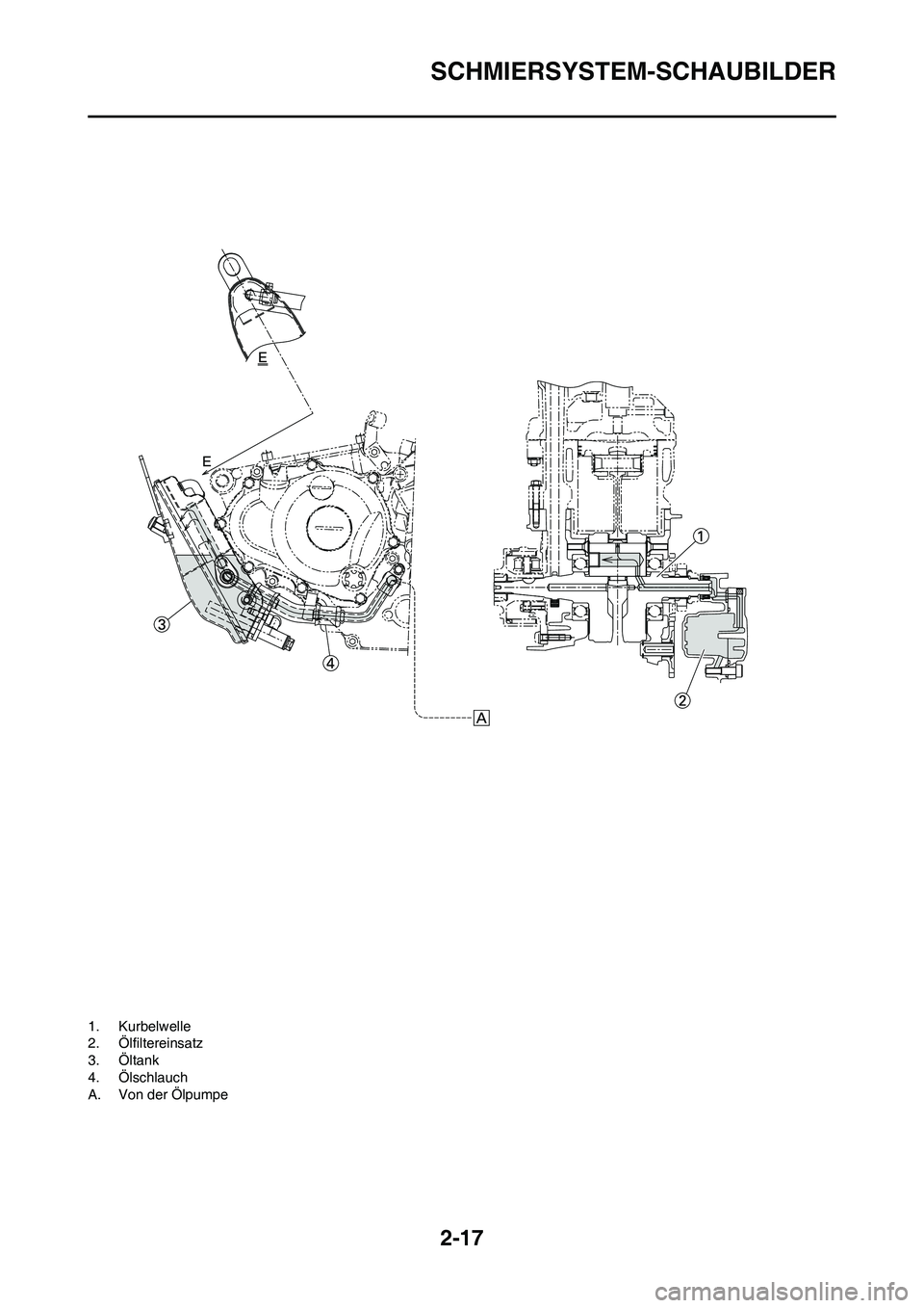 YAMAHA YZ250F 2011  Betriebsanleitungen (in German) 2-17
SCHMIERSYSTEM-SCHAUBILDER
1. Kurbelwelle
2. Ölfiltereinsatz
3. Öltank
4. Ölschlauch
A. Von der Ölpumpe 