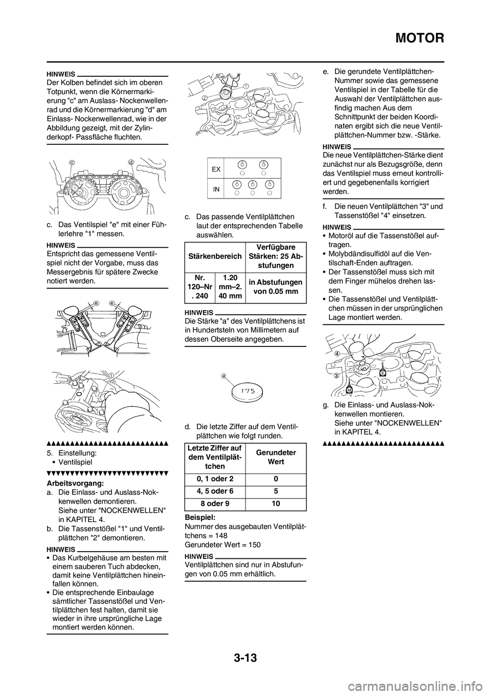 YAMAHA YZ250F 2011  Betriebsanleitungen (in German) 3-13
MOTOR
Der Kolben befindet sich im oberen 
Totpunkt, wenn die Körnermarki-
erung "c" am Auslass- Nockenwellen-
rad und die Körnermarkierung "d" am 
Einlass- Nockenwellenrad, wie in der 
Abbildun