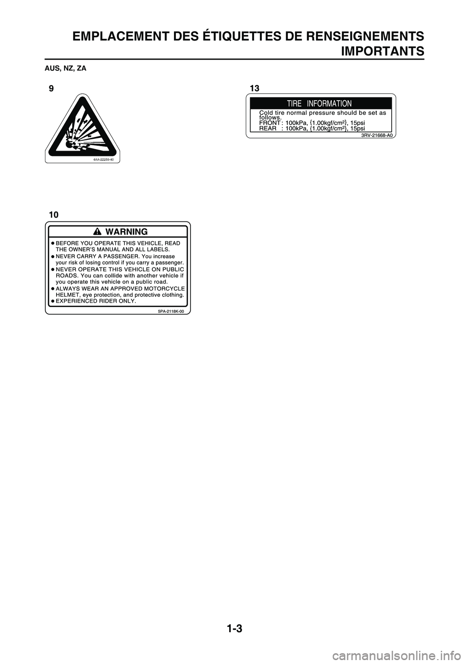 YAMAHA YZ250F 2011 Notices Demploi (in French)
1-3
EMPLACEMENT DES ÉTIQUETTES DE RENSEIGNEMENTSIMPORTANTS
AUS, NZ, ZA YAMAHA YZ250F 2011 Notices Demploi (in French)
1-3
EMPLACEMENT DES ÉTIQUETTES DE RENSEIGNEMENTSIMPORTANTS
AUS, NZ, ZA
