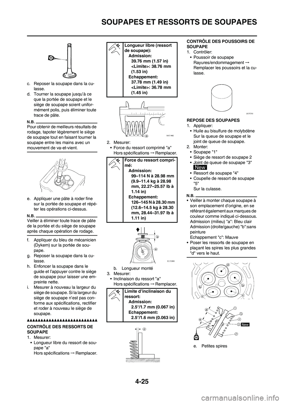 YAMAHA YZ250F 2011 Notices Demploi (in French)
4-25
SOUPAPES ET RESSORTS DE SOUPAPES
c. Reposer la soupape dans la cu-lasse.
d. Tourner la soupape jusqu’à ce que la portée de soupape et le
siège de soupape soient unifor-
mément polis, pui YAMAHA YZ250F 2011 Notices Demploi (in French)
4-25
SOUPAPES ET RESSORTS DE SOUPAPES
c. Reposer la soupape dans la cu-lasse.
d. Tourner la soupape jusqu’à ce que la portée de soupape et le
siège de soupape soient unifor-
mément polis, pui