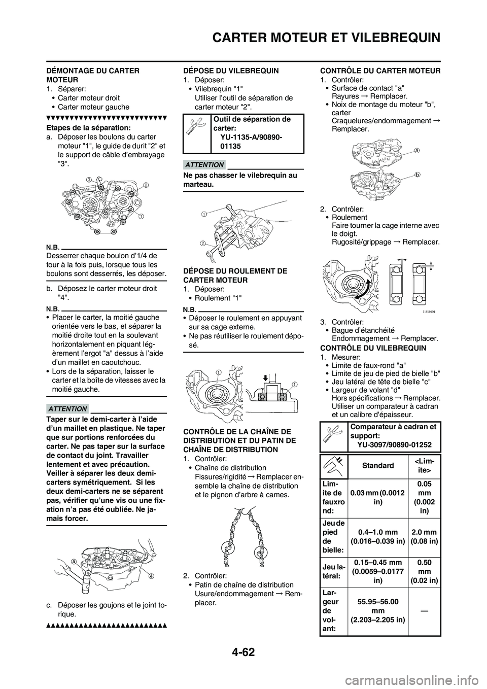 YAMAHA YZ250F 2011 Notices Demploi (in French) 4-62
CARTER MOTEUR ET VILEBREQUIN
DÉMONTAGE DU CARTER
MOTEUR
1. Séparer:
• Carter moteur droit
• Carter moteur gauche
Etapes de la séparation:
a. Déposer les boulons du carter
moteur "1", le YAMAHA YZ250F 2011 Notices Demploi (in French) 4-62
CARTER MOTEUR ET VILEBREQUIN
DÉMONTAGE DU CARTER
MOTEUR
1. Séparer:
• Carter moteur droit
• Carter moteur gauche
Etapes de la séparation:
a. Déposer les boulons du carter
moteur "1", le