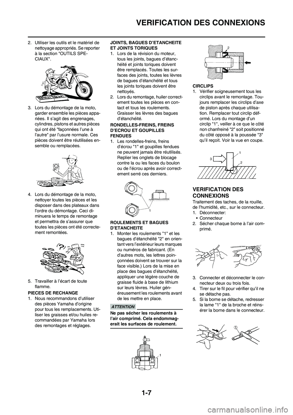 YAMAHA YZ250F 2011 Notices Demploi (in French) 1-7
VERIFICATION DES CONNEXIONS
2. Utiliser les outils et le matériel de
nettoyage appropriés. Se reporter
à la section "OUTILS SPE-
CIAUX".
3. Lors du démontage de la moto,
garder ensemble les YAMAHA YZ250F 2011 Notices Demploi (in French) 1-7
VERIFICATION DES CONNEXIONS
2. Utiliser les outils et le matériel de
nettoyage appropriés. Se reporter
à la section "OUTILS SPE-
CIAUX".
3. Lors du démontage de la moto,
garder ensemble les