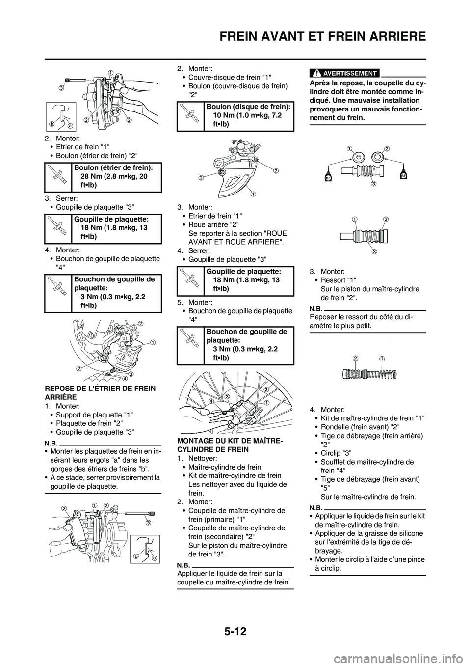 YAMAHA YZ250F 2011 Notices Demploi (in French) 5-12
FREIN AVANT ET FREIN ARRIERE
2. Monter:
• Etrier de frein "1"
• Boulon (étrier de frein) "2"
3. Serrer:
• Goupille de plaquette "3"
4. Monter:
• Bouchon de goupille de plaquette
"4"
REP YAMAHA YZ250F 2011 Notices Demploi (in French) 5-12
FREIN AVANT ET FREIN ARRIERE
2. Monter:
• Etrier de frein "1"
• Boulon (étrier de frein) "2"
3. Serrer:
• Goupille de plaquette "3"
4. Monter:
• Bouchon de goupille de plaquette
"4"
REP