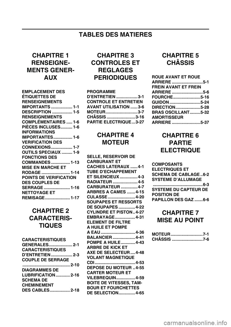 YAMAHA YZ250F 2011  Notices Demploi (in French) TABLES DES MATIERES
CHAPITRE 1
RENSEIGNE-
MENTS GENER-
AUX
EMPLACEMENT DES 
ÉTIQUETTES DE 
RENSEIGNEMENTS 
IMPORTANTS .................. 1-1
DESCRIPTION ................. 1-5
RENSEIGNEMENTS 
COMPLÉM