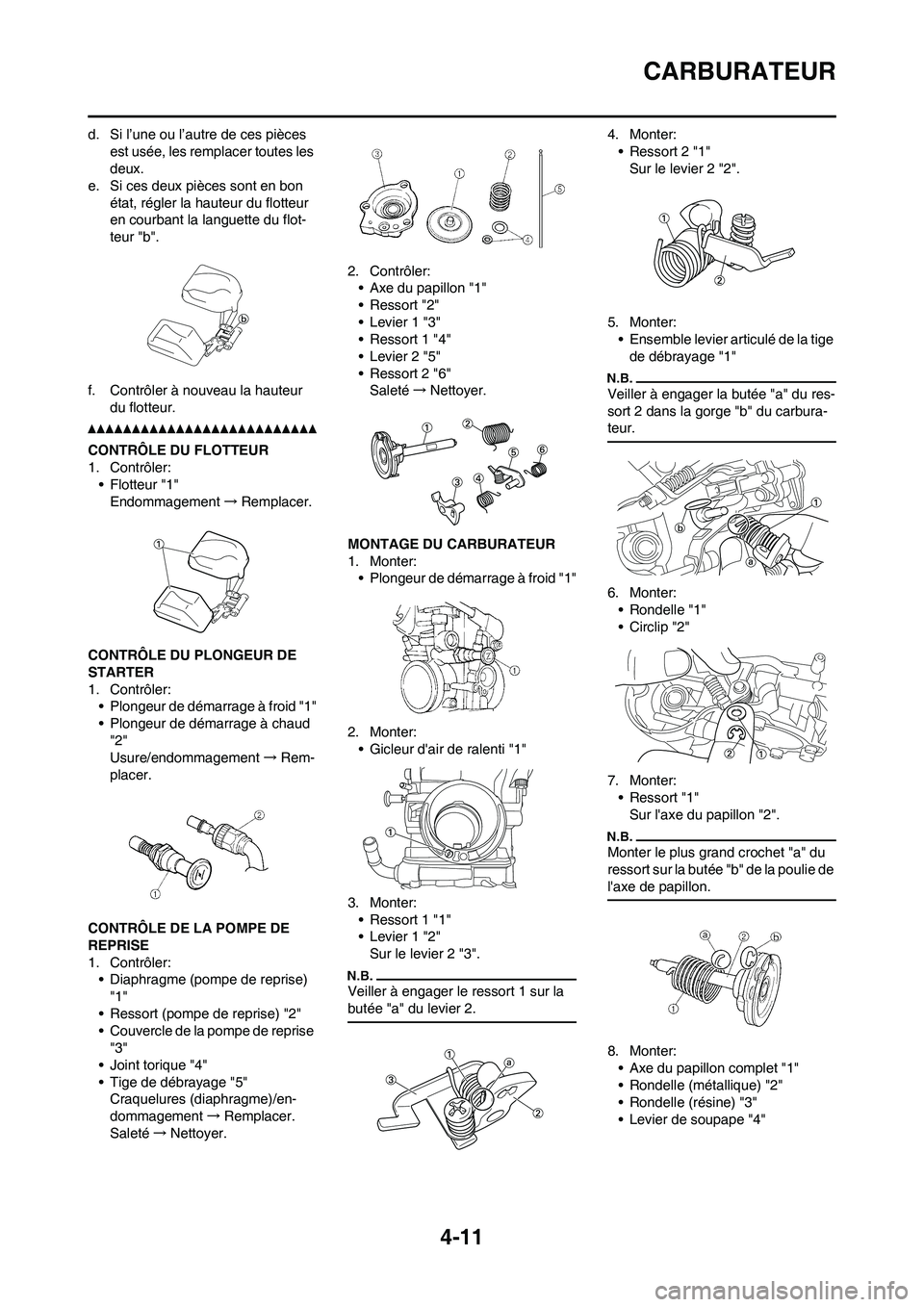 YAMAHA YZ250F 2011 Notices Demploi (in French) 4-11
CARBURATEUR
d. Si l’une ou l’autre de ces pièces
est usée, les remplacer toutes les
deux.
e. Si ces deux pièces sont en bon
état, régler la hauteur du flotteur
en courbant la languet YAMAHA YZ250F 2011 Notices Demploi (in French) 4-11
CARBURATEUR
d. Si l’une ou l’autre de ces pièces
est usée, les remplacer toutes les
deux.
e. Si ces deux pièces sont en bon
état, régler la hauteur du flotteur
en courbant la languet