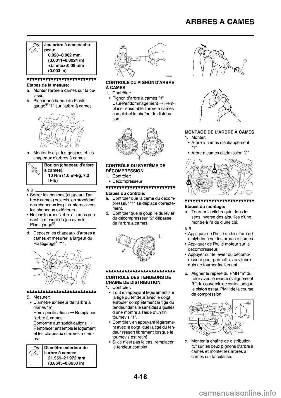 YAMAHA YZ250F 2011 Notices Demploi (in French) 4-18
ARBRES A CAMES
Etapes de la mesure:
a. Monter l’arbre à cames sur la cu-
lasse.
b. Placer une bande de Plasti-
gauge
® "1" sur l’arbre à cames.
c. Monter le clip, les goujons et les
chape YAMAHA YZ250F 2011 Notices Demploi (in French) 4-18
ARBRES A CAMES
Etapes de la mesure:
a. Monter l’arbre à cames sur la cu-
lasse.
b. Placer une bande de Plasti-
gauge
® "1" sur l’arbre à cames.
c. Monter le clip, les goujons et les
chape