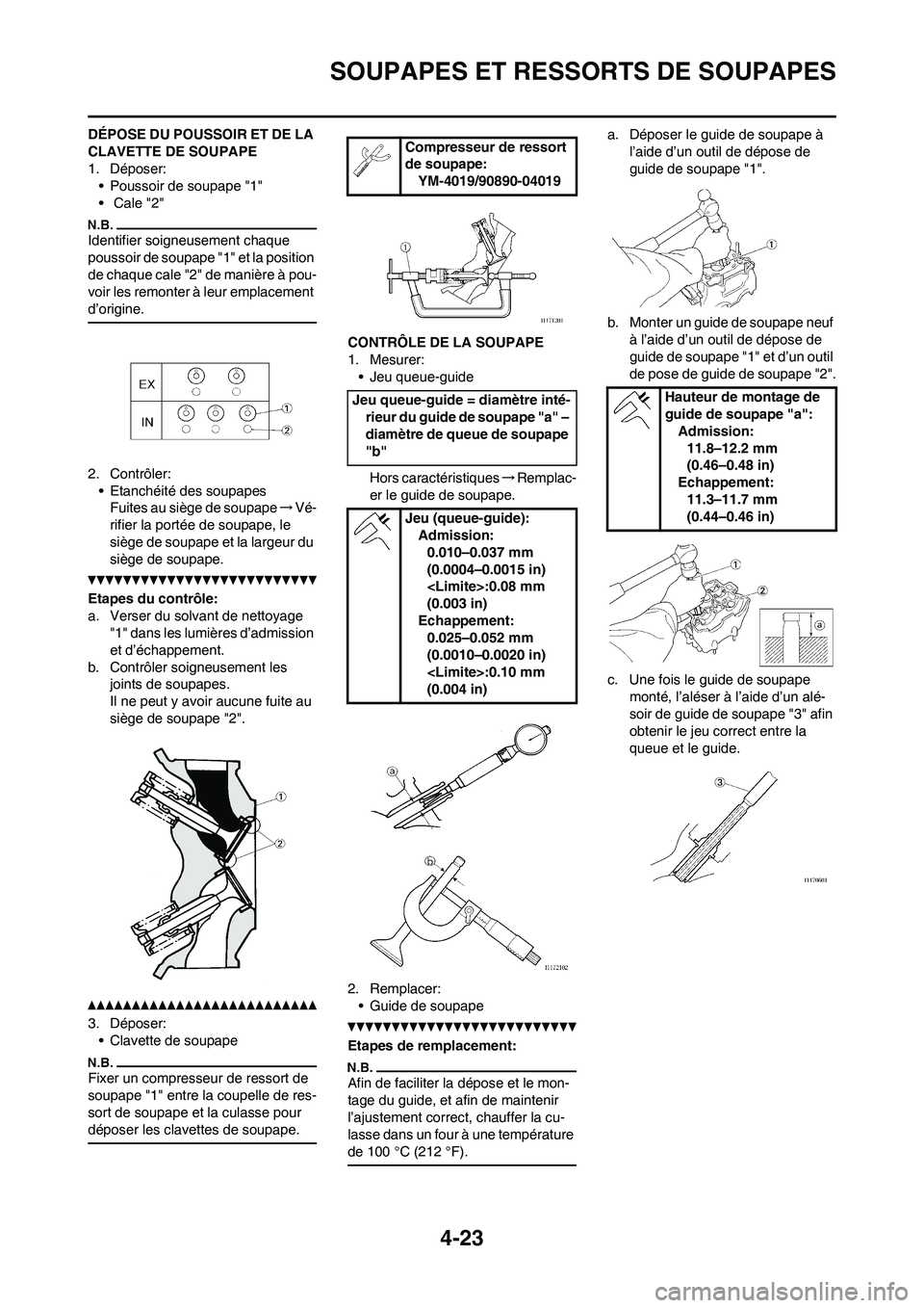 YAMAHA YZ250F 2011 Notices Demploi (in French)
4-23
SOUPAPES ET RESSORTS DE SOUPAPES
DÉPOSE DU POUSSOIR ET DE LA
CLAVETTE DE SOUPAPE
1. Déposer:• Poussoir de soupape "1"
• Cale "2"
Identifier soigneusement chaque
poussoir de soupape "1" YAMAHA YZ250F 2011 Notices Demploi (in French)
4-23
SOUPAPES ET RESSORTS DE SOUPAPES
DÉPOSE DU POUSSOIR ET DE LA
CLAVETTE DE SOUPAPE
1. Déposer:• Poussoir de soupape "1"
• Cale "2"
Identifier soigneusement chaque
poussoir de soupape "1"