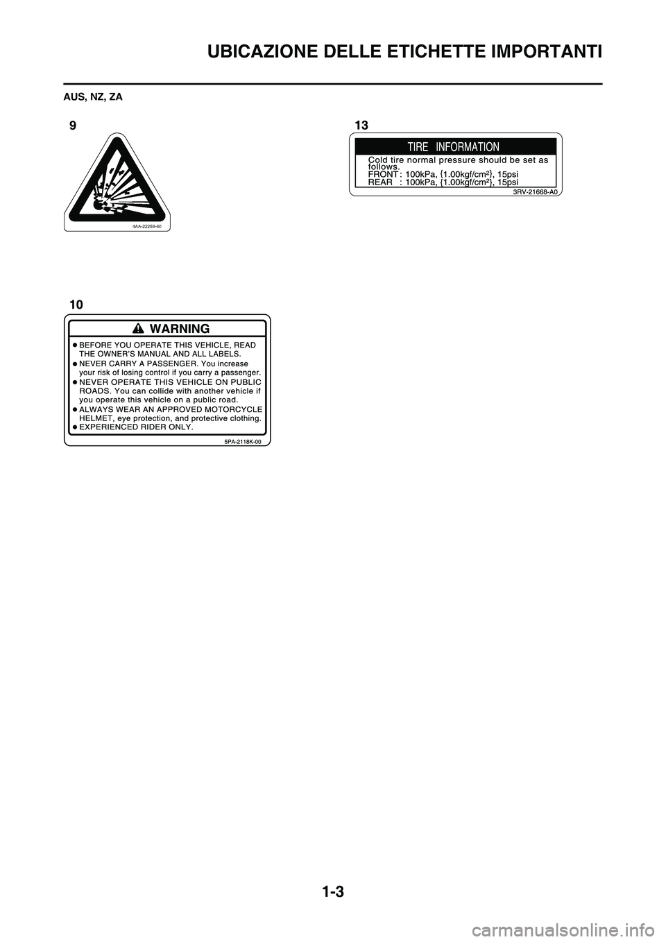 YAMAHA YZ250F 2011 Manuale duso (in Italian)
1-3
UBICAZIONE DELLE ETICHETTE IMPORTANTI
AUS, NZ, ZA YAMAHA YZ250F 2011 Manuale duso (in Italian)
1-3
UBICAZIONE DELLE ETICHETTE IMPORTANTI
AUS, NZ, ZA