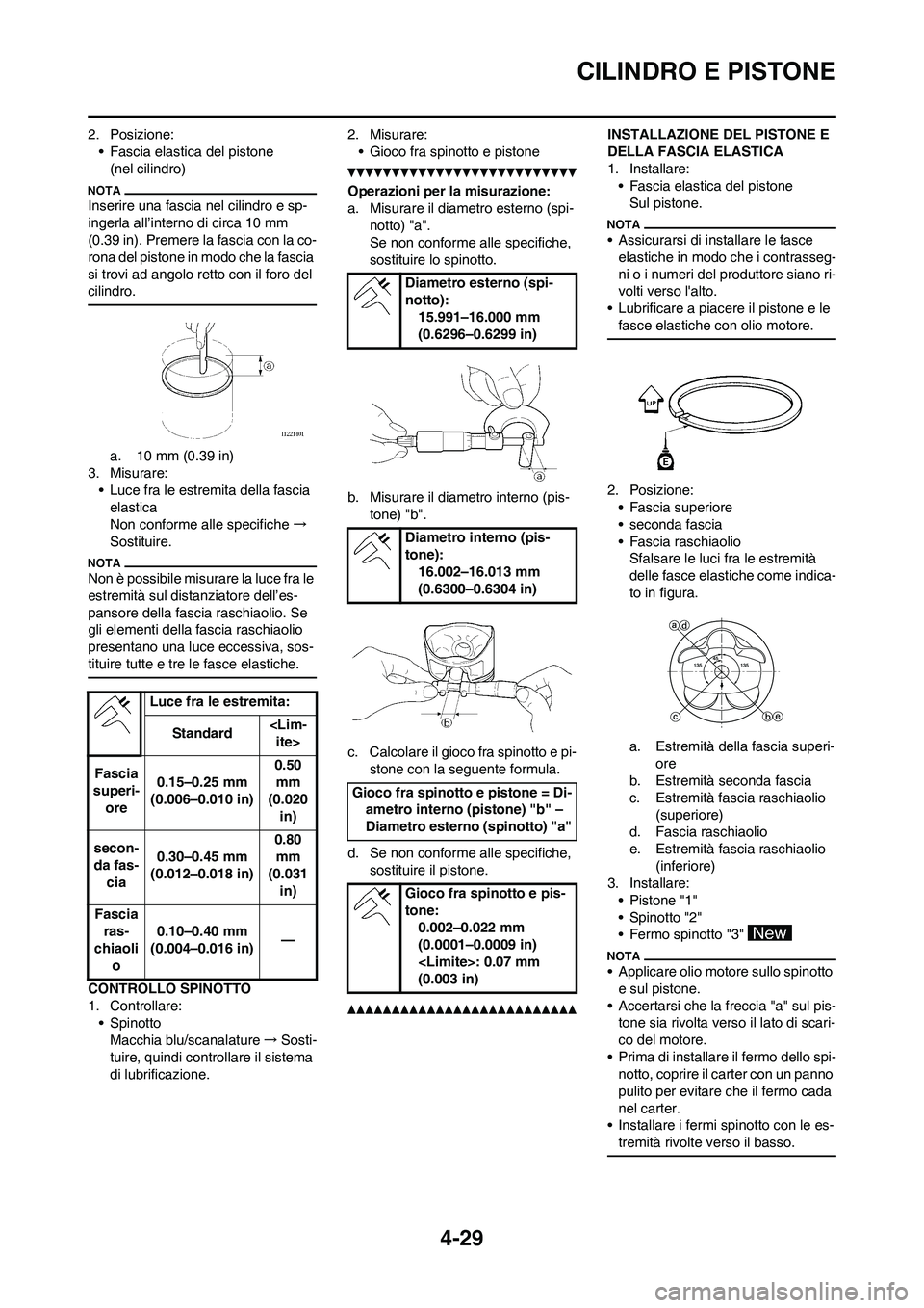 YAMAHA YZ250F 2011 Manuale duso (in Italian) 4-29
CILINDRO E PISTONE
2. Posizione:
• Fascia elastica del pistone
(nel cilindro)
Inserire una fascia nel cilindro e sp-
ingerla all’interno di circa 10 mm
(0.39 in). Premere la fascia con la co YAMAHA YZ250F 2011 Manuale duso (in Italian) 4-29
CILINDRO E PISTONE
2. Posizione:
• Fascia elastica del pistone
(nel cilindro)
Inserire una fascia nel cilindro e sp-
ingerla all’interno di circa 10 mm
(0.39 in). Premere la fascia con la co