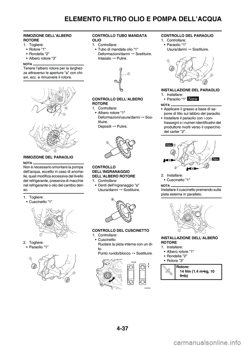 YAMAHA YZ250F 2011  Manuale duso (in Italian) 4-37
ELEMENTO FILTRO OLIO E POMPA DELL’ACQUA
RIMOZIONE DELL’ALBERO 
ROTORE
1. Togliere:
• Rotore "1"
• Rondella "2"
• Albero rotore "3"
Tenere l’albero rotore per la larghez-
za attraverso