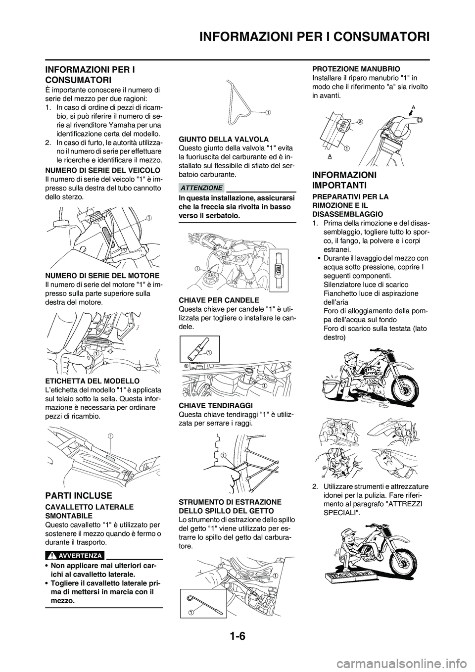 YAMAHA YZ250F 2011 Manuale duso (in Italian) 1-6
INFORMAZIONI PER I CONSUMATORI
INFORMAZIONI PER I
CONSUMATORI
È importante conoscere il numero di
serie del mezzo per due ragioni:
1. In caso di ordine di pezzi di ricam-
bio, si può riferire YAMAHA YZ250F 2011 Manuale duso (in Italian) 1-6
INFORMAZIONI PER I CONSUMATORI
INFORMAZIONI PER I
CONSUMATORI
È importante conoscere il numero di
serie del mezzo per due ragioni:
1. In caso di ordine di pezzi di ricam-
bio, si può riferire