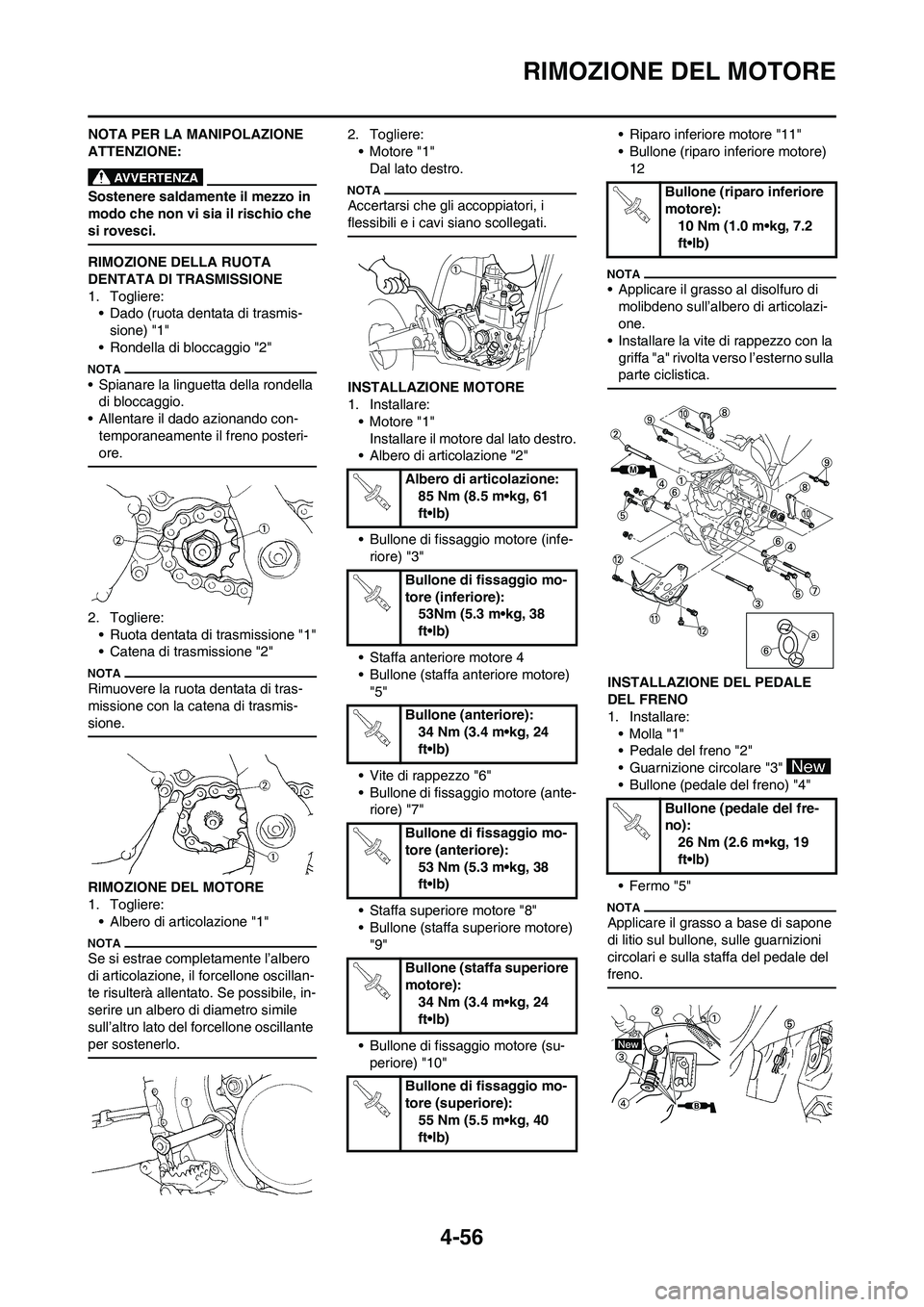 YAMAHA YZ250F 2011 Manuale duso (in Italian) 4-56
RIMOZIONE DEL MOTORE
NOTA PER LA MANIPOLAZIONE
ATTENZIONE:
Sostenere saldamente il mezzo in
modo che non vi sia il rischio che
si rovesci.
RIMOZIONE DELLA RUOTA
DENTATA DI TRASMISSIONE
1. Tog YAMAHA YZ250F 2011 Manuale duso (in Italian) 4-56
RIMOZIONE DEL MOTORE
NOTA PER LA MANIPOLAZIONE
ATTENZIONE:
Sostenere saldamente il mezzo in
modo che non vi sia il rischio che
si rovesci.
RIMOZIONE DELLA RUOTA
DENTATA DI TRASMISSIONE
1. Tog