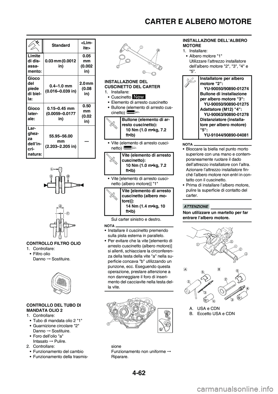 YAMAHA YZ250F 2011 Manuale duso (in Italian) 4-62
CARTER E ALBERO MOTORE
CONTROLLO FILTRO OLIO
1. Controllare:
• Filtro olio
Danno→Sostituire.
CONTROLLO DEL TUBO DI
MANDATA OLIO 2
1. Controllare:
• Tubo di mandata olio 2 "1"
• Guarnizio YAMAHA YZ250F 2011 Manuale duso (in Italian) 4-62
CARTER E ALBERO MOTORE
CONTROLLO FILTRO OLIO
1. Controllare:
• Filtro olio
Danno→Sostituire.
CONTROLLO DEL TUBO DI
MANDATA OLIO 2
1. Controllare:
• Tubo di mandata olio 2 "1"
• Guarnizio