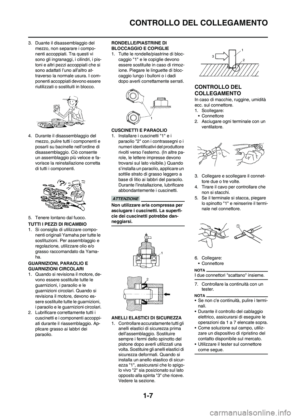 YAMAHA YZ250F 2011 Manuale duso (in Italian) 1-7
CONTROLLO DEL COLLEGAMENTO
3. Duante il disassemblaggio del
mezzo, non separare i compo-
nenti accoppiati. Tra questi vi
sono gli ingranaggi, i cilindri, i pis-
toni e altri pezzi accoppiati che YAMAHA YZ250F 2011 Manuale duso (in Italian) 1-7
CONTROLLO DEL COLLEGAMENTO
3. Duante il disassemblaggio del
mezzo, non separare i compo-
nenti accoppiati. Tra questi vi
sono gli ingranaggi, i cilindri, i pis-
toni e altri pezzi accoppiati che