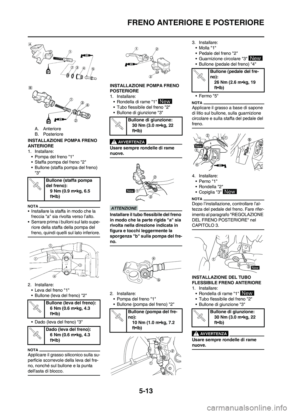 YAMAHA YZ250F 2011 Manuale duso (in Italian) 5-13
FRENO ANTERIORE E POSTERIORE
A. Anteriore
B. Posteriore
INSTALLAZIONE POMPA FRENO
ANTERIORE
1. Installare:
• Pompa del freno "1"
• Staffa pompa del freno "2"
• Bullone (staffa pompa del fr YAMAHA YZ250F 2011 Manuale duso (in Italian) 5-13
FRENO ANTERIORE E POSTERIORE
A. Anteriore
B. Posteriore
INSTALLAZIONE POMPA FRENO
ANTERIORE
1. Installare:
• Pompa del freno "1"
• Staffa pompa del freno "2"
• Bullone (staffa pompa del fr