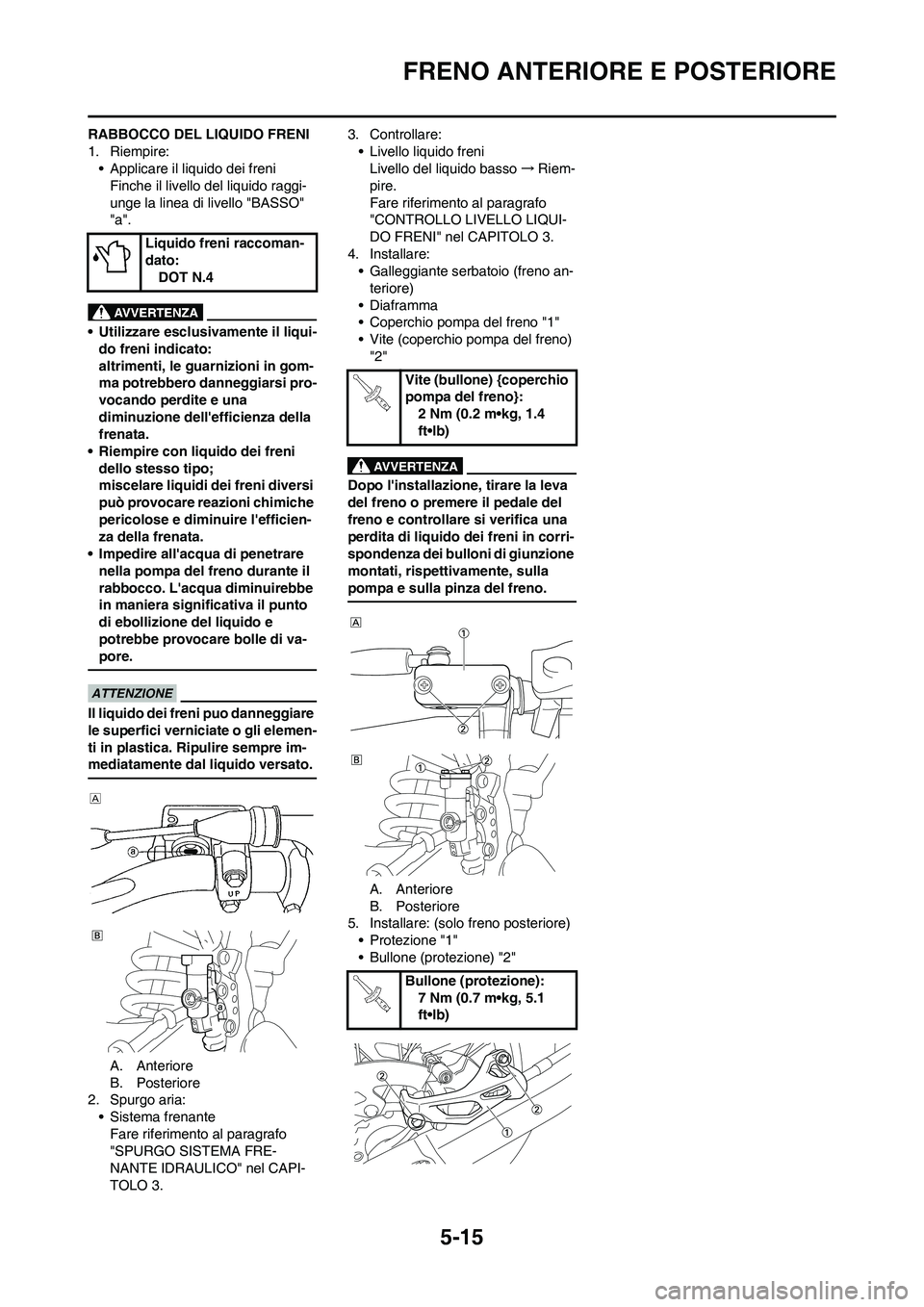YAMAHA YZ250F 2011 Manuale duso (in Italian) 5-15
FRENO ANTERIORE E POSTERIORE
RABBOCCO DEL LIQUIDO FRENI
1. Riempire:
• Applicare il liquido dei freni
Finche il livello del liquido raggi-
unge la linea di livello "BASSO"
"a".
• Utilizzare YAMAHA YZ250F 2011 Manuale duso (in Italian) 5-15
FRENO ANTERIORE E POSTERIORE
RABBOCCO DEL LIQUIDO FRENI
1. Riempire:
• Applicare il liquido dei freni
Finche il livello del liquido raggi-
unge la linea di livello "BASSO"
"a".
• Utilizzare