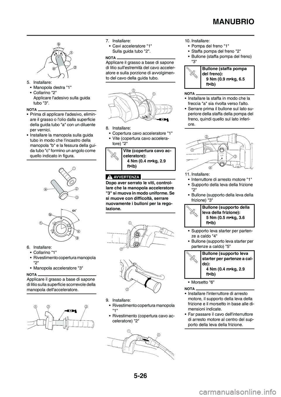 YAMAHA YZ250F 2011 Manuale duso (in Italian) 5-26
MANUBRIO
5. Installare:
• Manopola destra "1"
•Collarino "2"
Applicare ladesivo sulla guida
tubo "3".
• Prima di applicare ladesivo, elimin-
are il grasso o lolio dalla superficie
dell YAMAHA YZ250F 2011 Manuale duso (in Italian) 5-26
MANUBRIO
5. Installare:
• Manopola destra "1"
•Collarino "2"
Applicare ladesivo sulla guida
tubo "3".
• Prima di applicare ladesivo, elimin-
are il grasso o lolio dalla superficie
dell