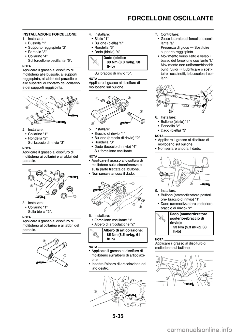 YAMAHA YZ250F 2011 Manuale duso (in Italian) 5-35
FORCELLONE OSCILLANTE
INSTALLAZIONE FORCELLONE
1. Installare:
• Bussola "1"
• Supporto reggispinta "2"
• Paraolio "3"
•Collarino "4"
Sul forcellone oscillante "5".
Applicare il grasso al YAMAHA YZ250F 2011 Manuale duso (in Italian) 5-35
FORCELLONE OSCILLANTE
INSTALLAZIONE FORCELLONE
1. Installare:
• Bussola "1"
• Supporto reggispinta "2"
• Paraolio "3"
•Collarino "4"
Sul forcellone oscillante "5".
Applicare il grasso al