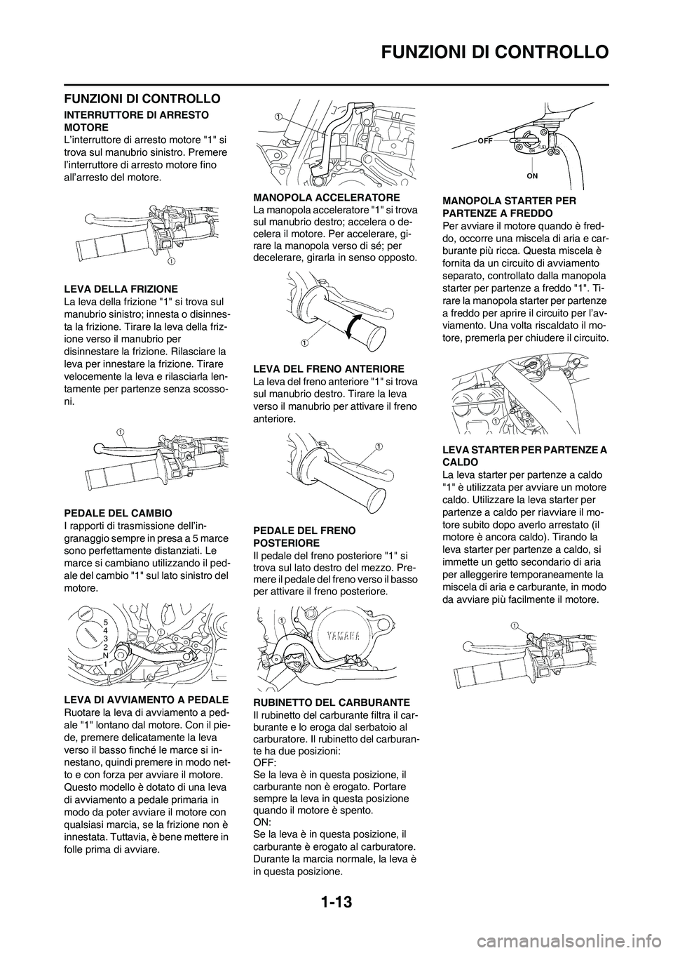 YAMAHA YZ250F 2011 Manuale duso (in Italian) 1-13
FUNZIONI DI CONTROLLO
FUNZIONI DI CONTROLLO
INTERRUTTORE DI ARRESTO
MOTORE
L’interruttore di arresto motore "1" si
trova sul manubrio sinistro. Premere
l’interruttore di arresto motore fin YAMAHA YZ250F 2011 Manuale duso (in Italian) 1-13
FUNZIONI DI CONTROLLO
FUNZIONI DI CONTROLLO
INTERRUTTORE DI ARRESTO
MOTORE
L’interruttore di arresto motore "1" si
trova sul manubrio sinistro. Premere
l’interruttore di arresto motore fin