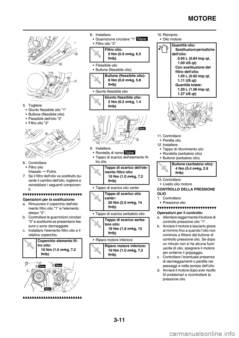 YAMAHA YZ250F 2011 Manuale duso (in Italian) 3-11
MOTORE
5. Togliere:
• Giunto flessibile olio "1"
• Bullone (flessibile olio)
• Flessibile dellolio "2"
• Filtro olio "3"
6. Controllare:
• Filtro olio
Intasato→Pulire.
7. Se il filtr YAMAHA YZ250F 2011 Manuale duso (in Italian) 3-11
MOTORE
5. Togliere:
• Giunto flessibile olio "1"
• Bullone (flessibile olio)
• Flessibile dellolio "2"
• Filtro olio "3"
6. Controllare:
• Filtro olio
Intasato→Pulire.
7. Se il filtr