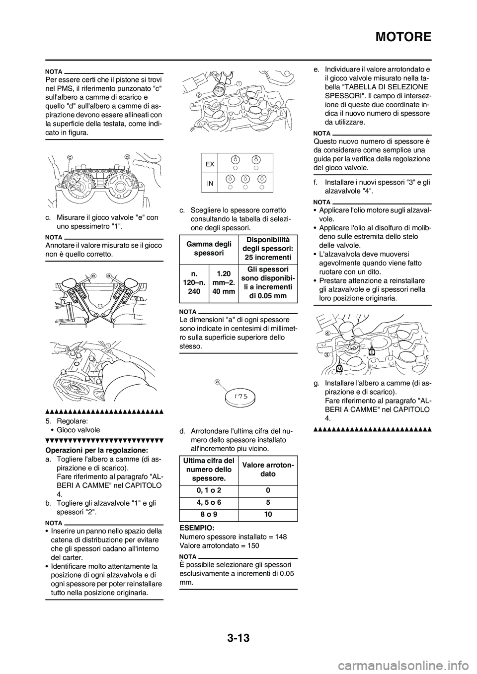 YAMAHA YZ250F 2011 Manuale duso (in Italian) 3-13
MOTORE
Per essere certi che il pistone si trovi
nel PMS, il riferimento punzonato "c"
sullalbero a camme di scarico e
quello "d" sullalbero a camme di as-
pirazione devono essere allineati c YAMAHA YZ250F 2011 Manuale duso (in Italian) 3-13
MOTORE
Per essere certi che il pistone si trovi
nel PMS, il riferimento punzonato "c"
sullalbero a camme di scarico e
quello "d" sullalbero a camme di as-
pirazione devono essere allineati c