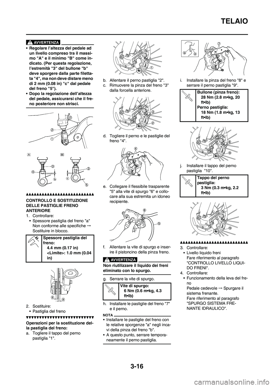 YAMAHA YZ250F 2011 Manuale duso (in Italian) 3-16
TELAIO
• Regolare l’altezza del pedale ad
un livello compreso tra il massi-
mo "A" e il minimo "B" come in-
dicato. (Per questa regolazione,
l’estremità "3" del bullone "b"
deve sporger YAMAHA YZ250F 2011 Manuale duso (in Italian) 3-16
TELAIO
• Regolare l’altezza del pedale ad
un livello compreso tra il massi-
mo "A" e il minimo "B" come in-
dicato. (Per questa regolazione,
l’estremità "3" del bullone "b"
deve sporger