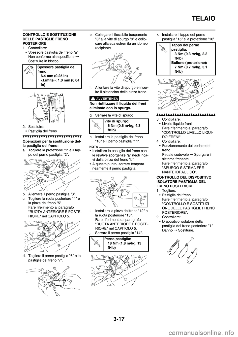 YAMAHA YZ250F 2011 Manuale duso (in Italian) 3-17
TELAIO
CONTROLLO E SOSTITUZIONE
DELLE PASTIGLIE FRENO
POSTERIORE
1. Controllare:
• Spessore pastiglia del freno "a"
Non conforme alle specifiche→
Sostituire in blocco.
2. Sostituire:
• Pa YAMAHA YZ250F 2011 Manuale duso (in Italian) 3-17
TELAIO
CONTROLLO E SOSTITUZIONE
DELLE PASTIGLIE FRENO
POSTERIORE
1. Controllare:
• Spessore pastiglia del freno "a"
Non conforme alle specifiche→
Sostituire in blocco.
2. Sostituire:
• Pa