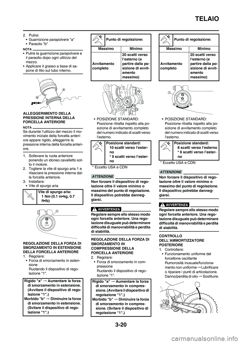 YAMAHA YZ250F 2011 Manuale duso (in Italian) 3-20
TELAIO
2. Pulire:
• Guarnizione parapolvere "a"
• Paraolio "b"
• Pulire la guarnizione parapolvere e
il paraolio dopo ogni utilizzo del
mezzo.
• Applicare il grasso a base di sa-
pone d YAMAHA YZ250F 2011 Manuale duso (in Italian) 3-20
TELAIO
2. Pulire:
• Guarnizione parapolvere "a"
• Paraolio "b"
• Pulire la guarnizione parapolvere e
il paraolio dopo ogni utilizzo del
mezzo.
• Applicare il grasso a base di sa-
pone d
