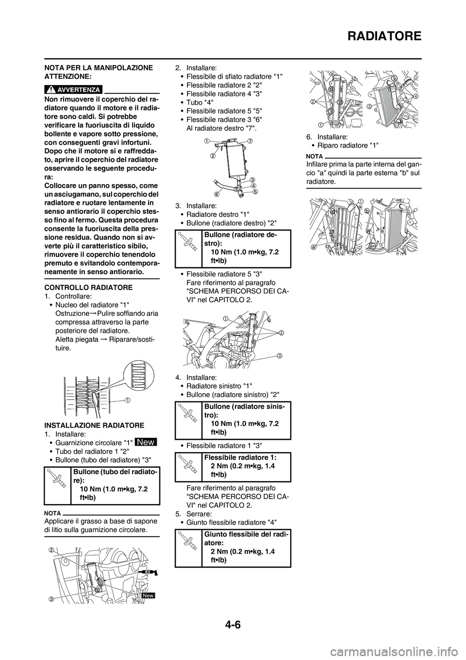 YAMAHA YZ250F 2011 Manuale duso (in Italian) 4-6
RADIATORE
NOTA PER LA MANIPOLAZIONE
ATTENZIONE:
Non rimuovere il coperchio del ra-
diatore quando il motore e il radia-
tore sono caldi. Si potrebbe
verificare la fuoriuscita di liquido
bollent YAMAHA YZ250F 2011 Manuale duso (in Italian) 4-6
RADIATORE
NOTA PER LA MANIPOLAZIONE
ATTENZIONE:
Non rimuovere il coperchio del ra-
diatore quando il motore e il radia-
tore sono caldi. Si potrebbe
verificare la fuoriuscita di liquido
bollent