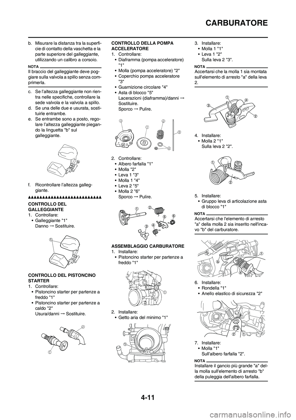 YAMAHA YZ250F 2011 Manuale duso (in Italian) 4-11
CARBURATORE
b. Misurare la distanza tra la superfi-
cie di contatto della vaschetta e la
parte superiore del galleggiante,
utilizzando un calibro a corsoio.
Il braccio del galleggiante deve pog YAMAHA YZ250F 2011 Manuale duso (in Italian) 4-11
CARBURATORE
b. Misurare la distanza tra la superfi-
cie di contatto della vaschetta e la
parte superiore del galleggiante,
utilizzando un calibro a corsoio.
Il braccio del galleggiante deve pog