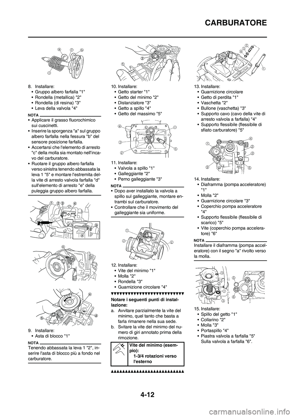 YAMAHA YZ250F 2011 Manuale duso (in Italian) 4-12
CARBURATORE
8. Installare:
• Gruppo albero farfalla "1"
• Rondella (metallica) "2"
• Rondella (di resina) "3"
• Leva della valvola "4"
• Applicare il grasso fluorochimico
sui cuscinett YAMAHA YZ250F 2011 Manuale duso (in Italian) 4-12
CARBURATORE
8. Installare:
• Gruppo albero farfalla "1"
• Rondella (metallica) "2"
• Rondella (di resina) "3"
• Leva della valvola "4"
• Applicare il grasso fluorochimico
sui cuscinett