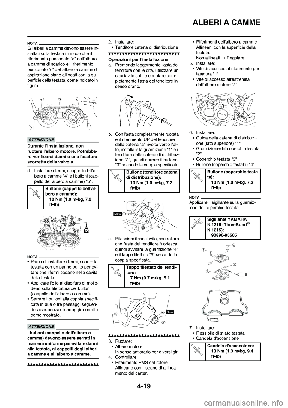 YAMAHA YZ250F 2011 Manuale duso (in Italian) 4-19
ALBERI A CAMME
Gli alberi a camme devono essere in-
stallati sulla testata in modo che il
riferimento punzonato "c" dellalbero
a camme di scarico e il riferimento
punzonato "c" dellalbero a YAMAHA YZ250F 2011 Manuale duso (in Italian) 4-19
ALBERI A CAMME
Gli alberi a camme devono essere in-
stallati sulla testata in modo che il
riferimento punzonato "c" dellalbero
a camme di scarico e il riferimento
punzonato "c" dellalbero a
