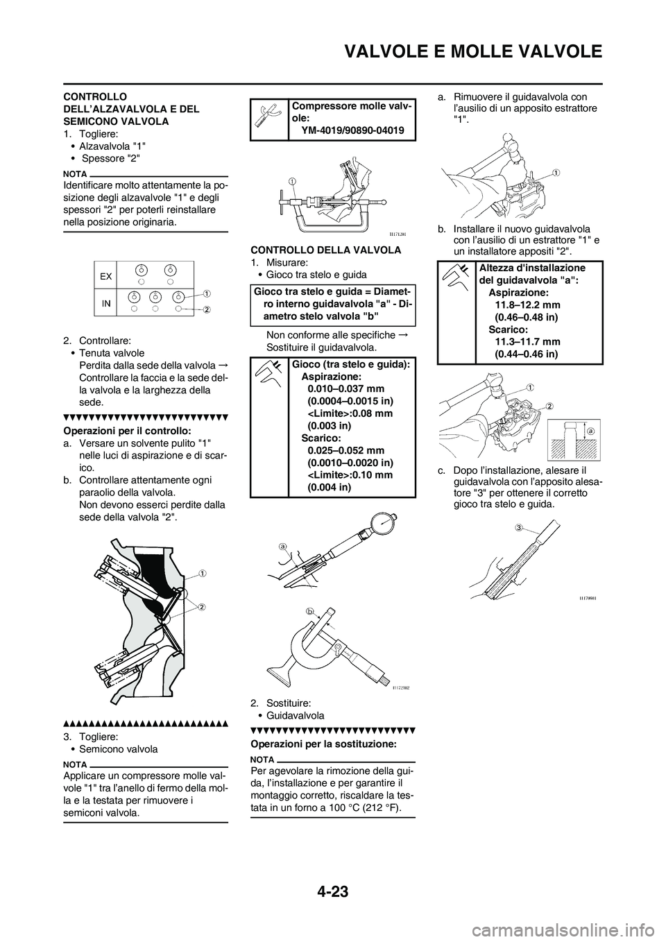 YAMAHA YZ250F 2011 Manuale duso (in Italian)
4-23
VALVOLE E MOLLE VALVOLE
CONTROLLO
DELL’ALZAVALVOLA E DEL
SEMICONO VALVOLA
1. Togliere:• Alzavalvola "1"
• Spessore "2"
Identificare molto at tentamente la po-
sizione degli alzavalvole YAMAHA YZ250F 2011 Manuale duso (in Italian)
4-23
VALVOLE E MOLLE VALVOLE
CONTROLLO
DELL’ALZAVALVOLA E DEL
SEMICONO VALVOLA
1. Togliere:• Alzavalvola "1"
• Spessore "2"
Identificare molto at tentamente la po-
sizione degli alzavalvole