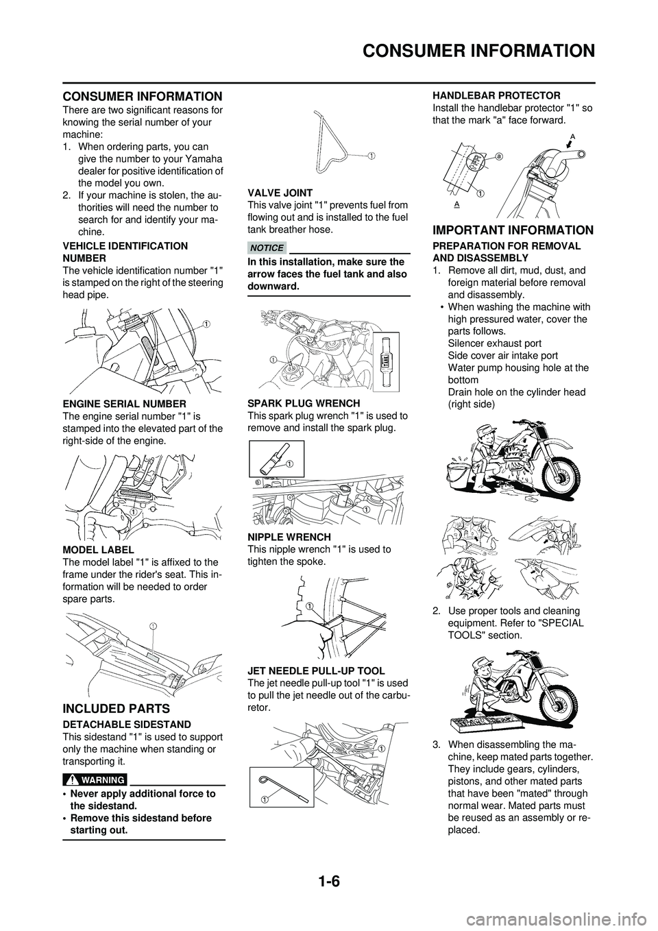 YAMAHA YZ250F 2010 User Guide 1-6
CONSUMER INFORMATION
CONSUMER INFORMATION
There are two significant reasons for 
knowing the serial number of your 
machine:
1. When ordering parts, you can give the number to your Yamaha 
dealer 