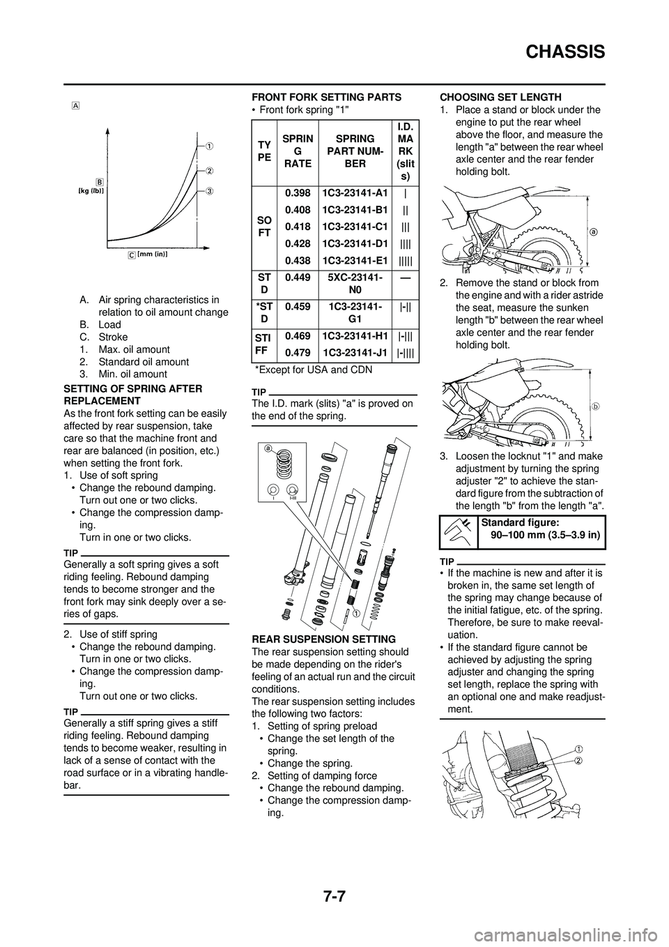 YAMAHA YZ250F 2010 Owners Manual 7-7
CHASSIS
A. Air spring characteristics in relation to oil amount change
B. Load
C. Stroke
1. Max. oil amount
2. Standard oil amount
3. Min. oil amount
SETTING OF SPRING AFTER
REPLACEMENT
As the fr YAMAHA YZ250F 2010 Owners Manual 7-7
CHASSIS
A. Air spring characteristics in relation to oil amount change
B. Load
C. Stroke
1. Max. oil amount
2. Standard oil amount
3. Min. oil amount
SETTING OF SPRING AFTER
REPLACEMENT
As the fr