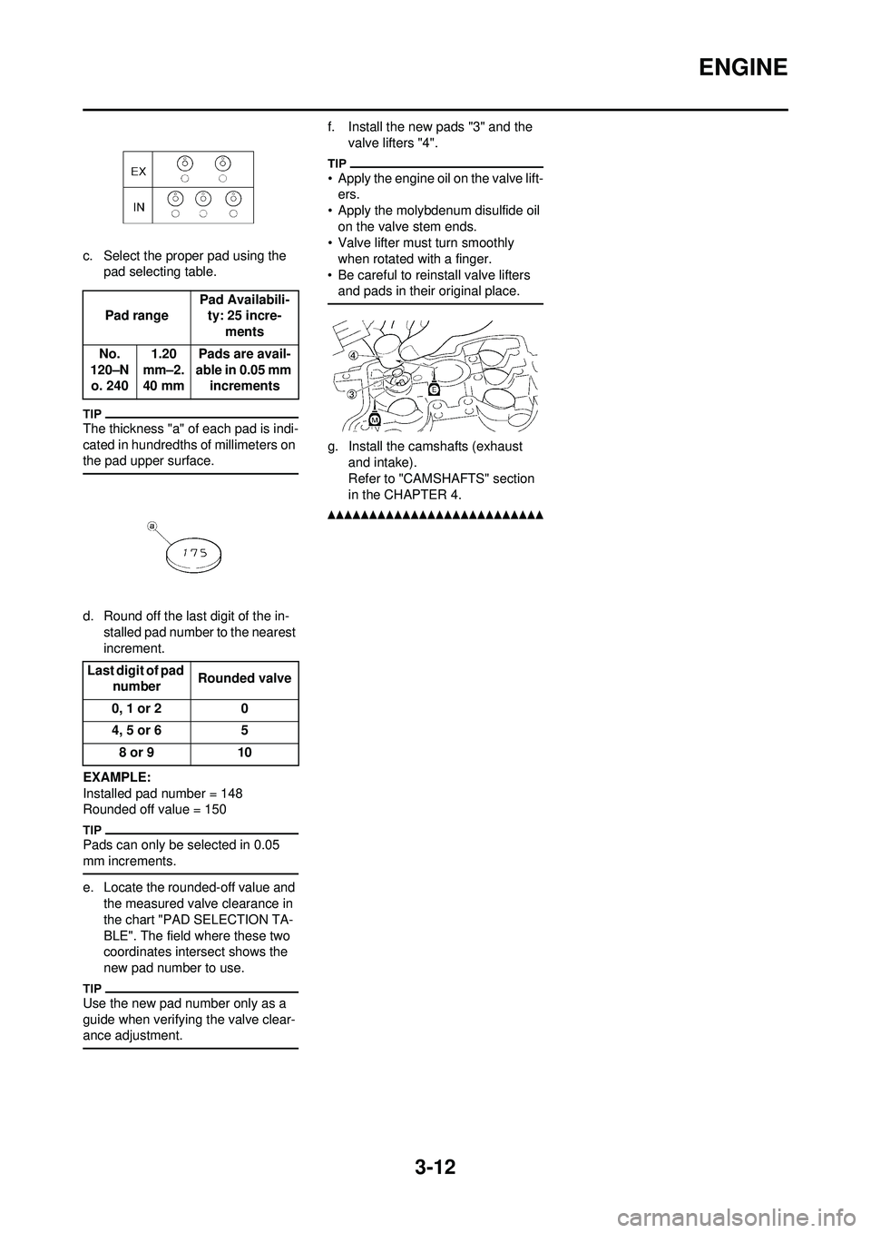 YAMAHA YZ250F 2010 Repair Manual 3-12
ENGINE
c. Select the proper pad using the pad selecting table.
The thickness "a" of each pad is indi-
cated in hundredths of millimeters on
the pad upper surface.
d. Round off the last digit of YAMAHA YZ250F 2010 Repair Manual 3-12
ENGINE
c. Select the proper pad using the pad selecting table.
The thickness "a" of each pad is indi-
cated in hundredths of millimeters on
the pad upper surface.
d. Round off the last digit of