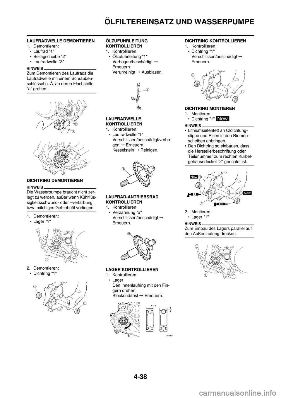 YAMAHA YZ250F 2010 Betriebsanleitungen (in German) 4-38
ÖLFILTEREINSATZ UND WASSERPUMPE
LAUFRADWELLE DEMONTIEREN
1. Demontieren:• Laufrad "1"
• Beilagscheibe "2"
• Laufradwelle "3"
Zum Demontieren des Laufrads die
Laufradwelle mit einem Schrau YAMAHA YZ250F 2010 Betriebsanleitungen (in German) 4-38
ÖLFILTEREINSATZ UND WASSERPUMPE
LAUFRADWELLE DEMONTIEREN
1. Demontieren:• Laufrad "1"
• Beilagscheibe "2"
• Laufradwelle "3"
Zum Demontieren des Laufrads die
Laufradwelle mit einem Schrau