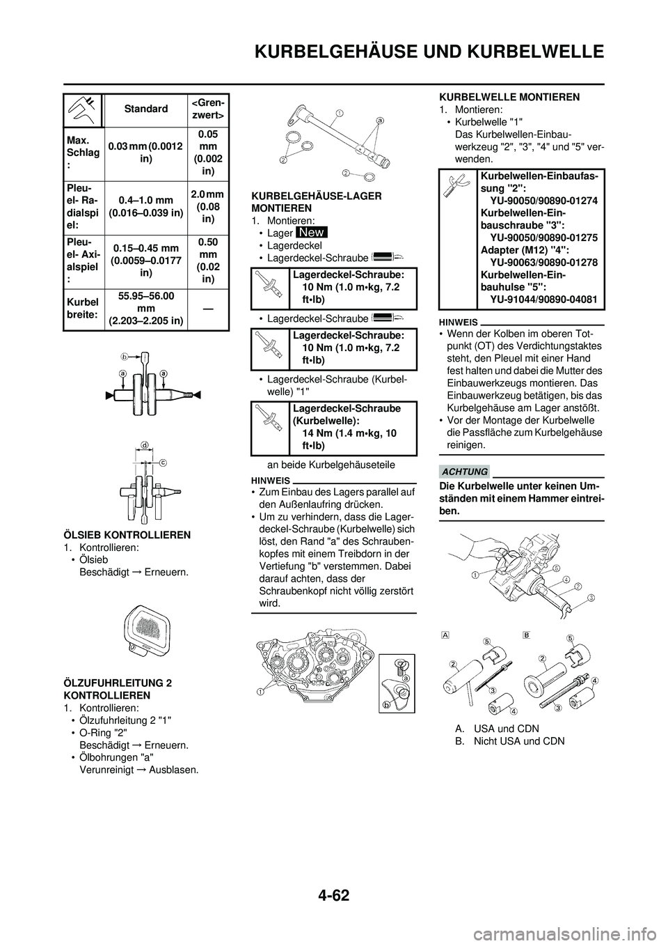 YAMAHA YZ250F 2010  Betriebsanleitungen (in German) 4-62
KURBELGEHÄUSE UND KURBELWELLE
ÖLSIEB KONTROLLIEREN
1. Kontrollieren:•ÖlsiebBeschädigt →Erneuern.
ÖLZUFUHRLEITUNG 2 
KONTROLLIEREN
1. Kontrollieren: • Ölzufuhrleitung 2 "1"
• O-Ring 